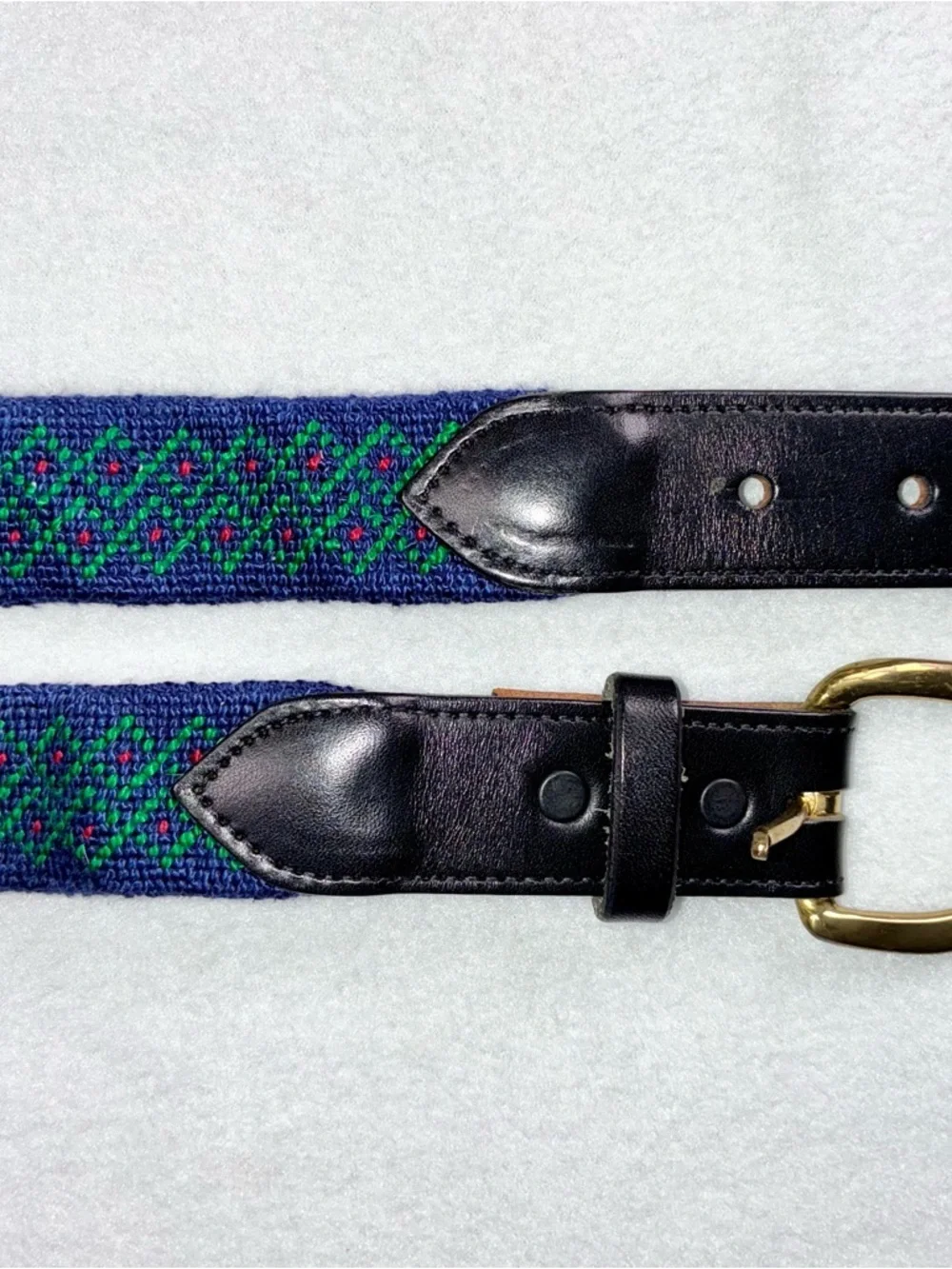 Men’s Embroidered Belt Navy Blue Green Size 32 Solid Brass Brown Leather Golf